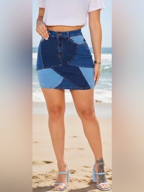 Fashion Nova Blue Patchwork Denim Skirt
